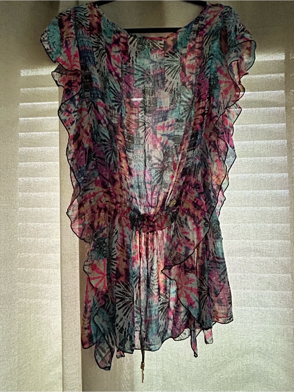 Sheer Ruffle Tie-Waist Floral Print Women’s  Cover-up - Multicolor